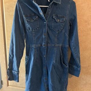 Free People Denim Dress Womens Sz Medium Blue Western Snap Long Sleeve